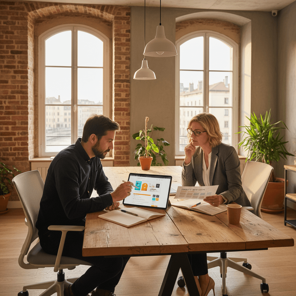 Bureau d'une agence web à Lyon, designer et client analysant un devis de création de site internet