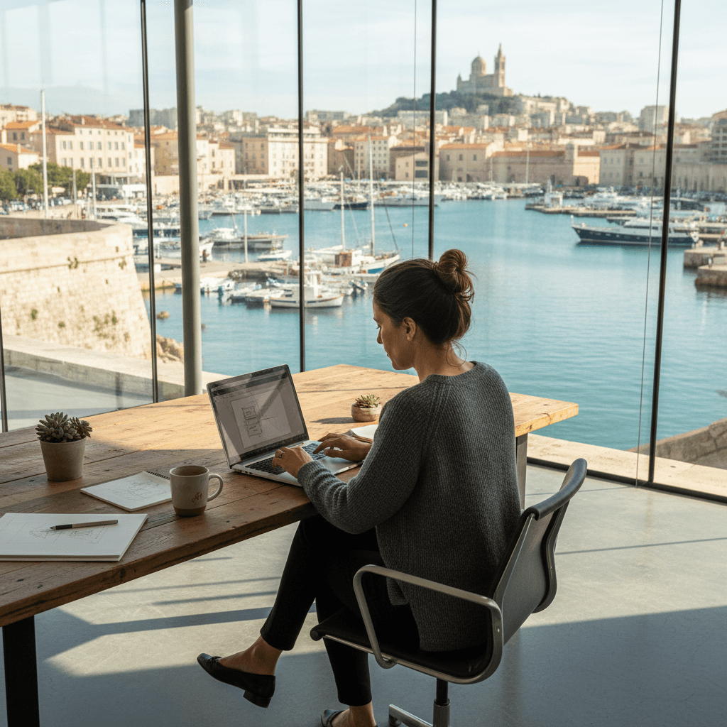Vue sur le Vieux-Port de Marseille depuis un bureau avec un écran affichant un site vitrine professionnel
