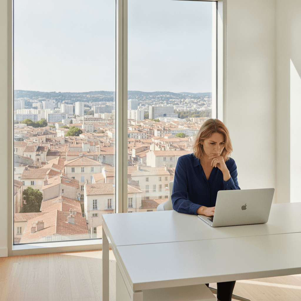 Vue urbaine de Montpellier avec un entrepreneur consultant son site internet sur ordinateur portable