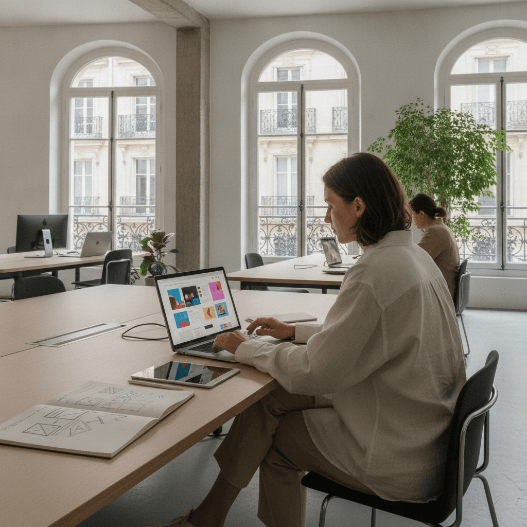 Bureau d'une agence web à Nantes avec designer travaillant sur une maquette de site vitrine