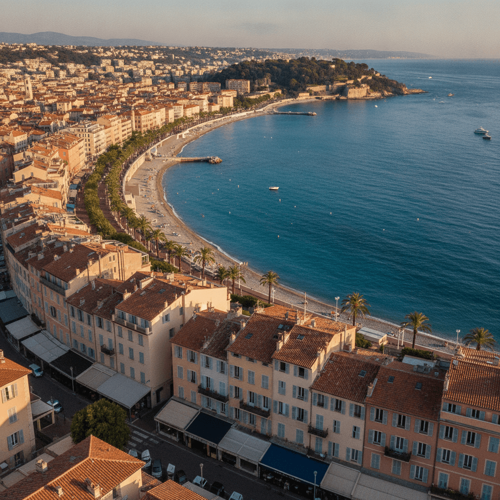 Vue aérienne du front de mer de Nice avec immeubles et commerces locaux, illustrant l'activité des TPE de la région