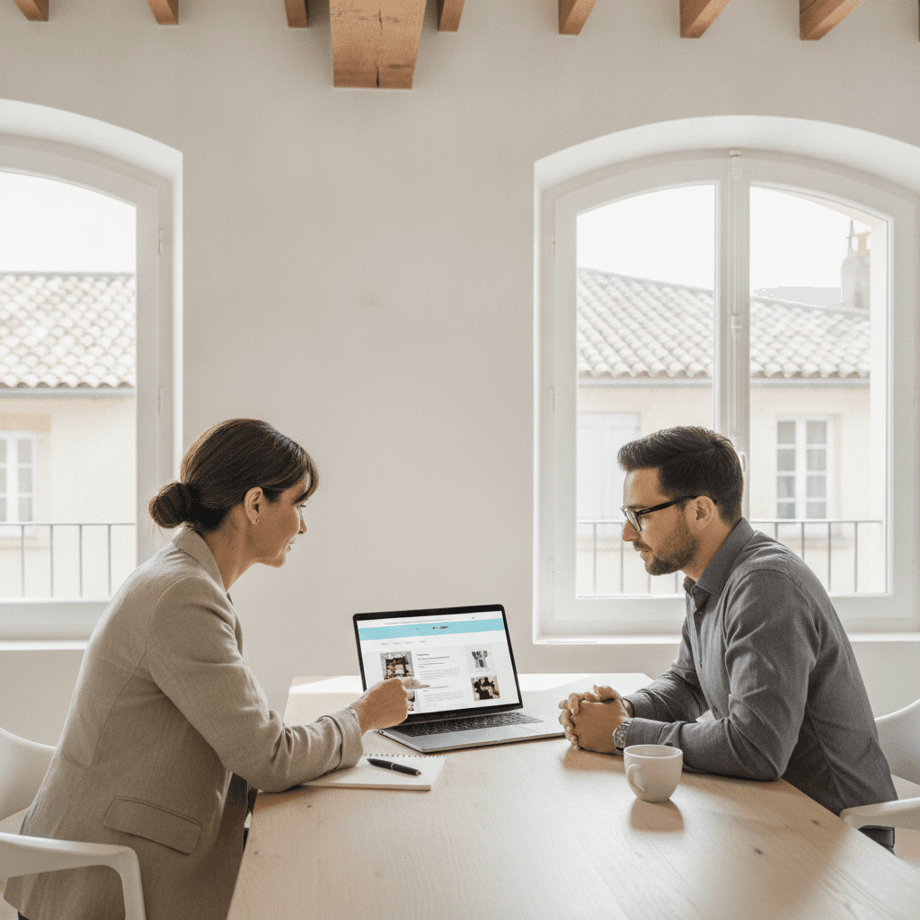 Artisan en réunion avec un consultant web dans un bureau à Poitiers, écran d'ordinateur visible