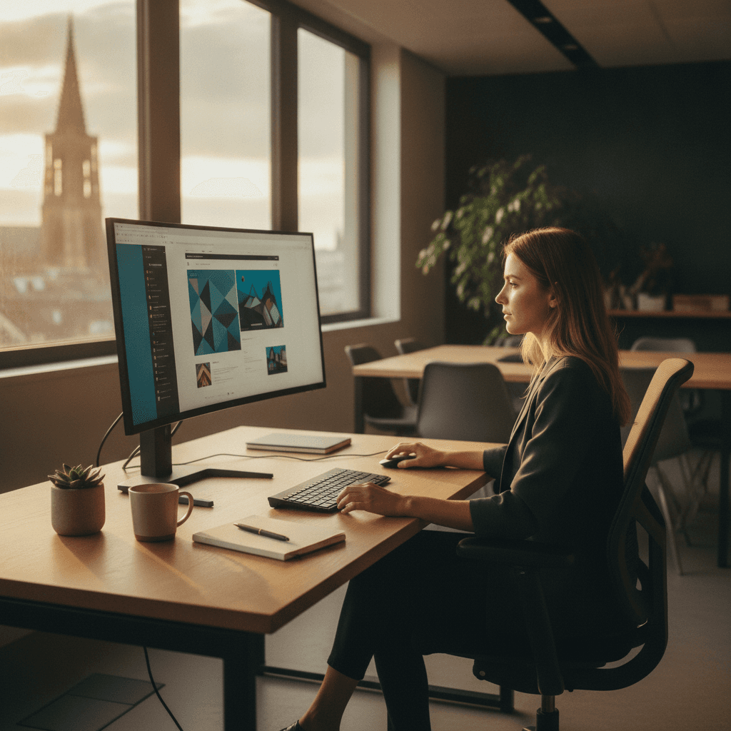 Bureau d'une agence web à Strasbourg, designer travaillant sur un projet de site vitrine pour artisan