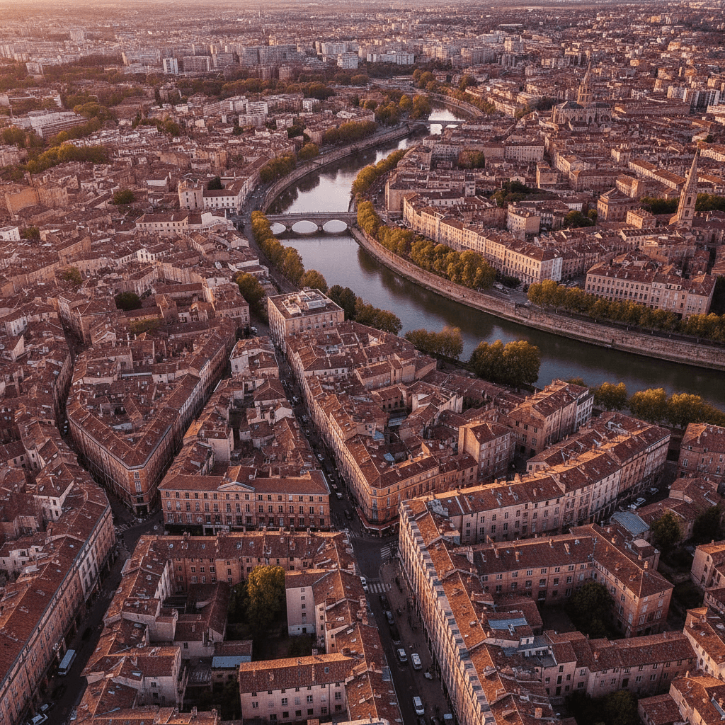 Vue aérienne du centre-ville de Toulouse avec immeubles en briques roses, symbolisant l'activité économique locale des TPE et artisans