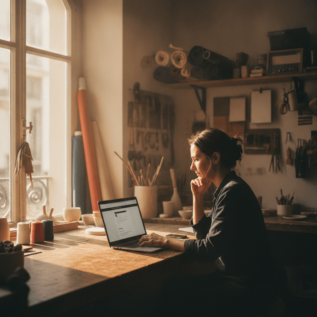 Artisan parisien consultant son site web sur un ordinateur portable dans son atelier