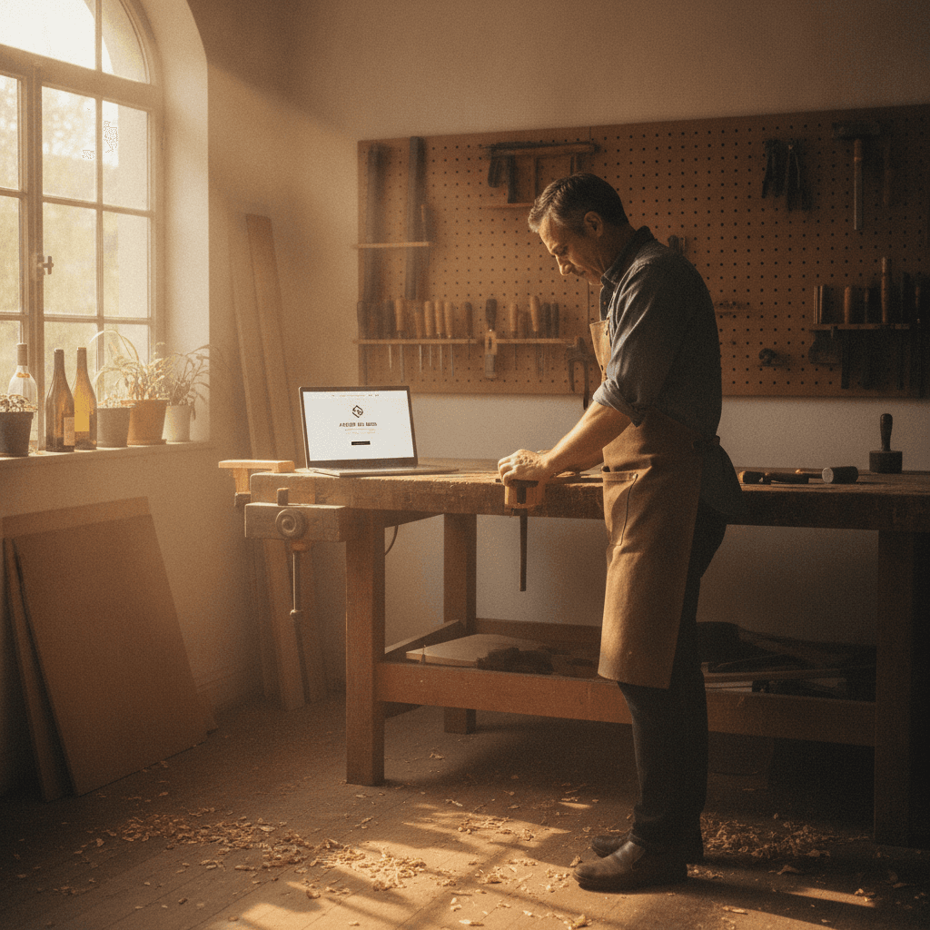 Artisan bordelais consultant son site internet vitrine sur un ordinateur portable dans son atelier