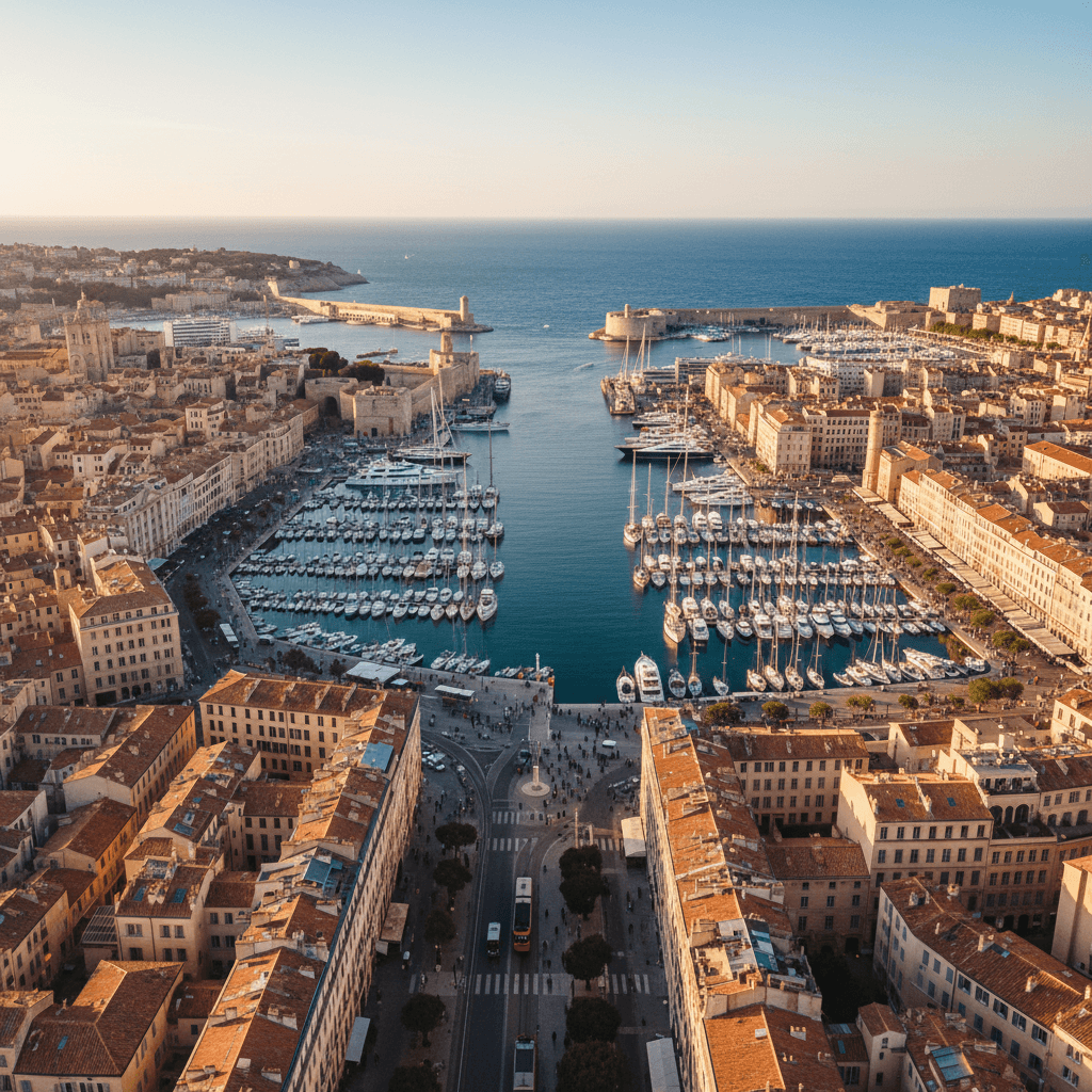 Vue aérienne du Vieux-Port de Marseille avec immeubles et activité commerciale en arrière-plan