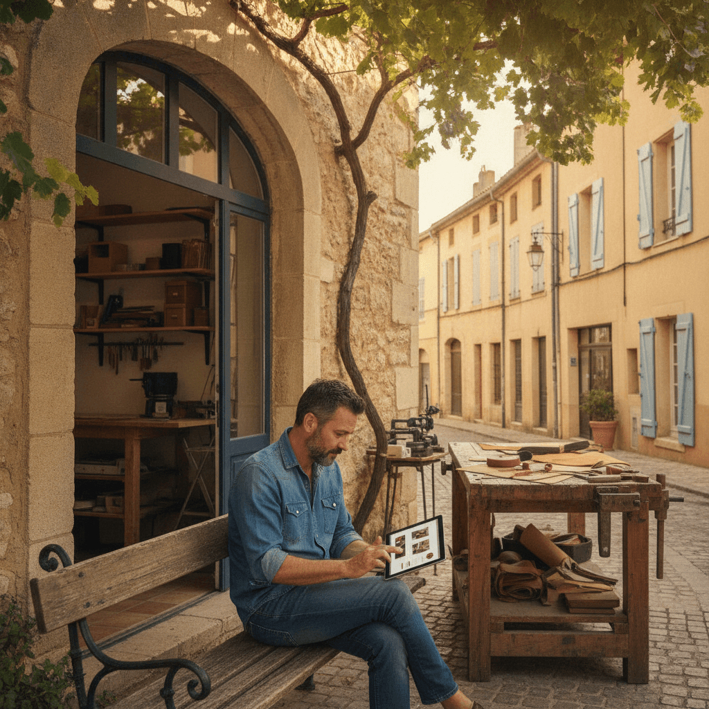 Artisan montpelliérain consultant son site vitrine sur une tablette devant son atelier