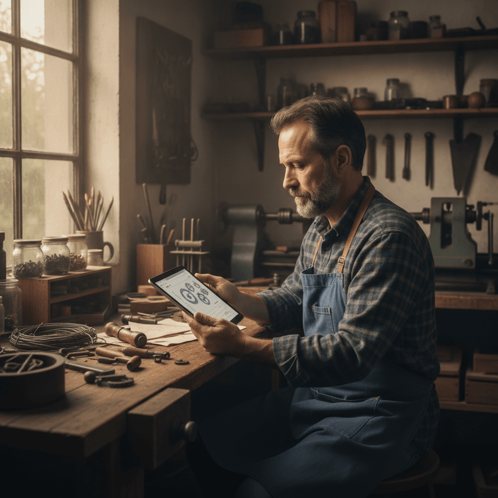 Artisan nantais consultant son site internet vitrine sur une tablette dans son atelier