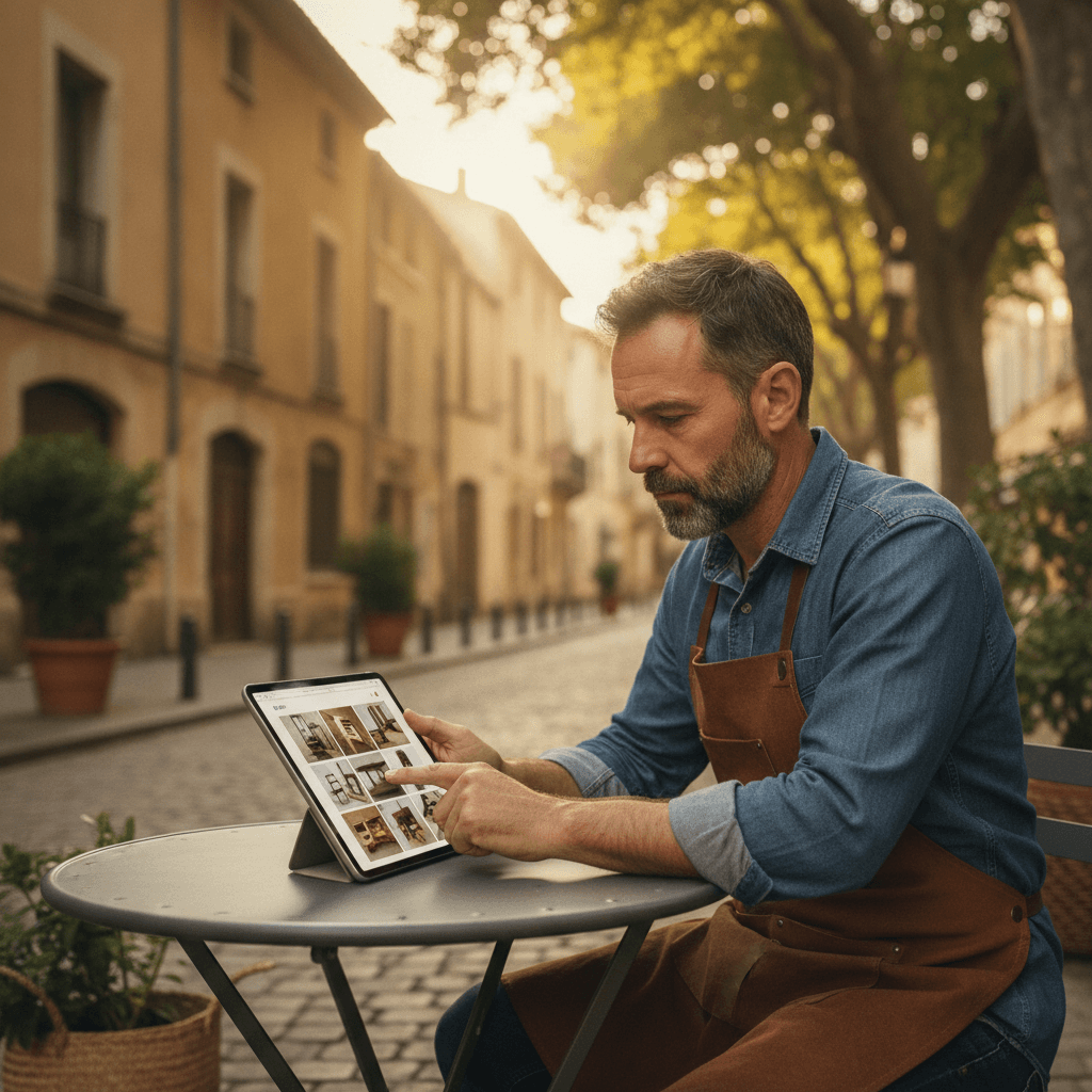 Artisan niçois consultant son site internet vitrine sur une tablette, quartier du Vieux-Nice en arrière-plan