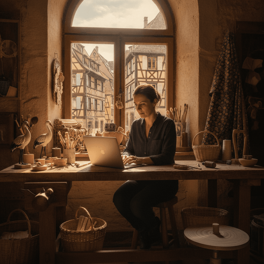 Artisan strasbourgeois consultant son site internet vitrine sur un ordinateur portable, vue sur la Petite France