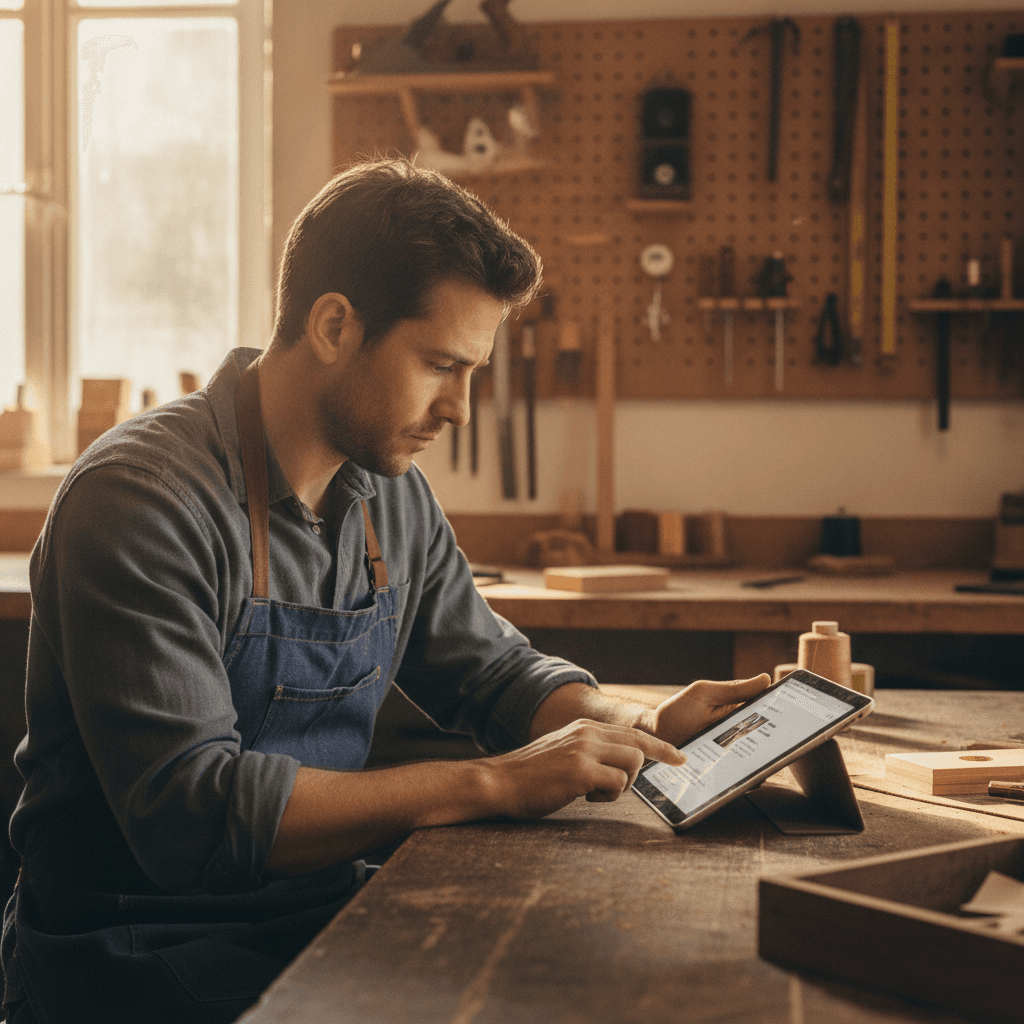 Artisan toulousain consultant son site internet vitrine sur une tablette dans son atelier