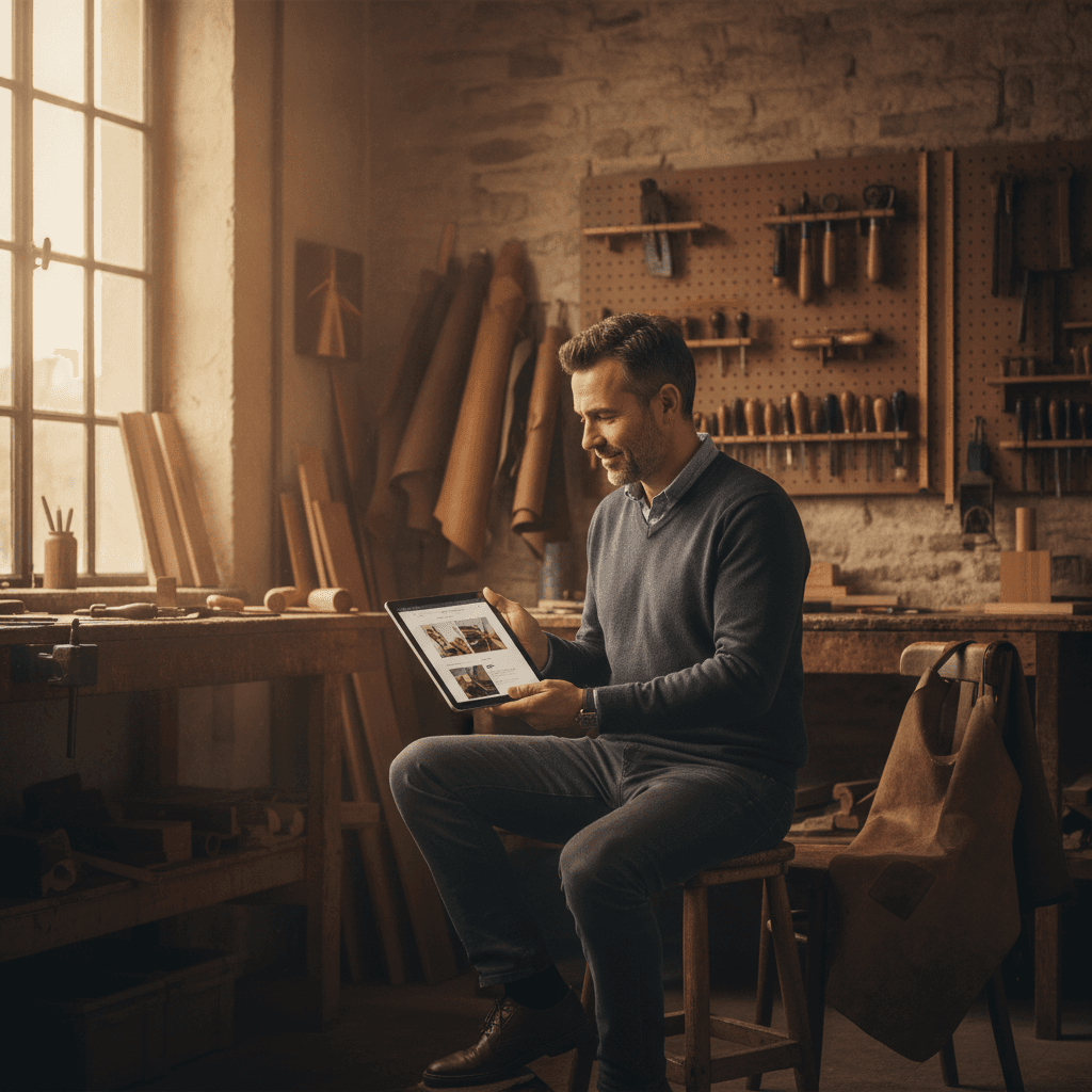 Artisan nantais consultant son site vitrine sur tablette dans son atelier, Loire-Atlantique