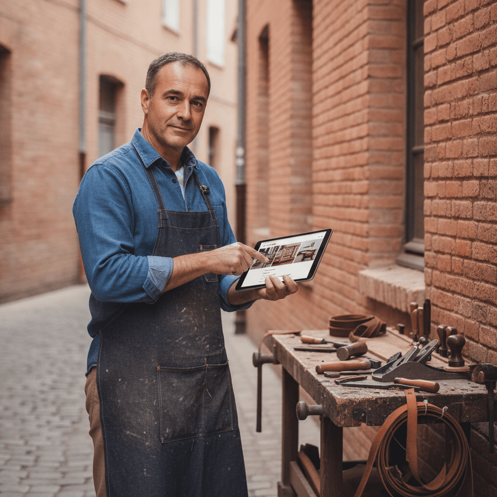 Artisan toulousain consultant son site vitrine sur tablette devant un chantier en brique rose
