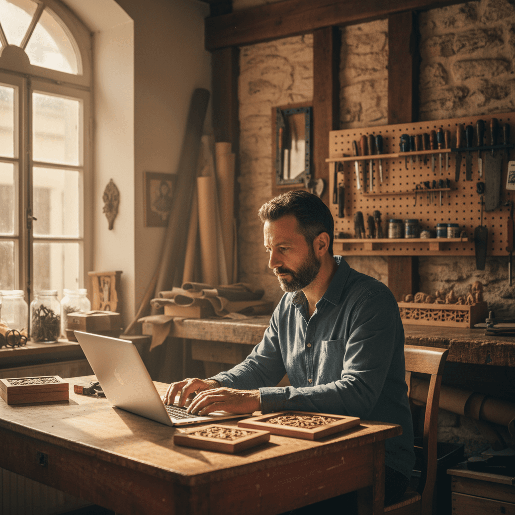 Artisan lyonnais consultant un devis site internet sur un ordinateur portable dans son atelier