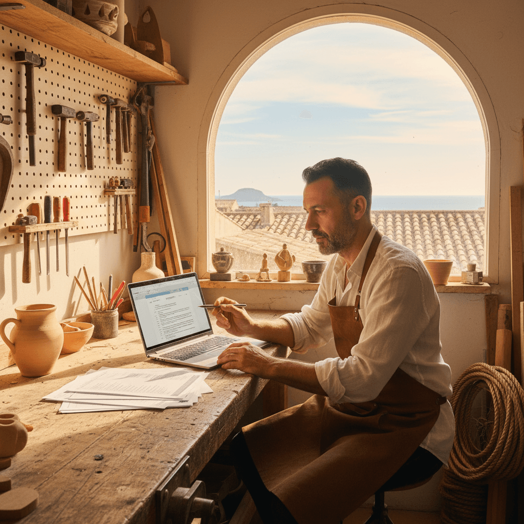 Artisan marseillais consultant un devis site internet sur son ordinateur dans son atelier