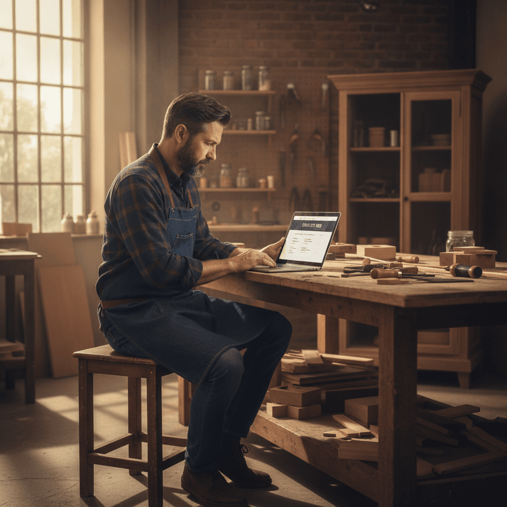 Artisan nantais consultant un devis site internet sur son ordinateur portable dans son atelier