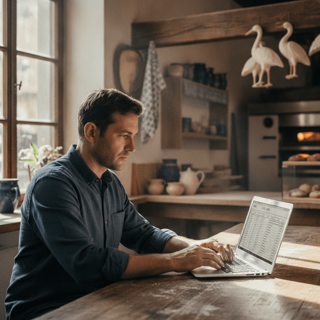 Artisan alsacien consultant un devis site internet sur son ordinateur portable à Strasbourg