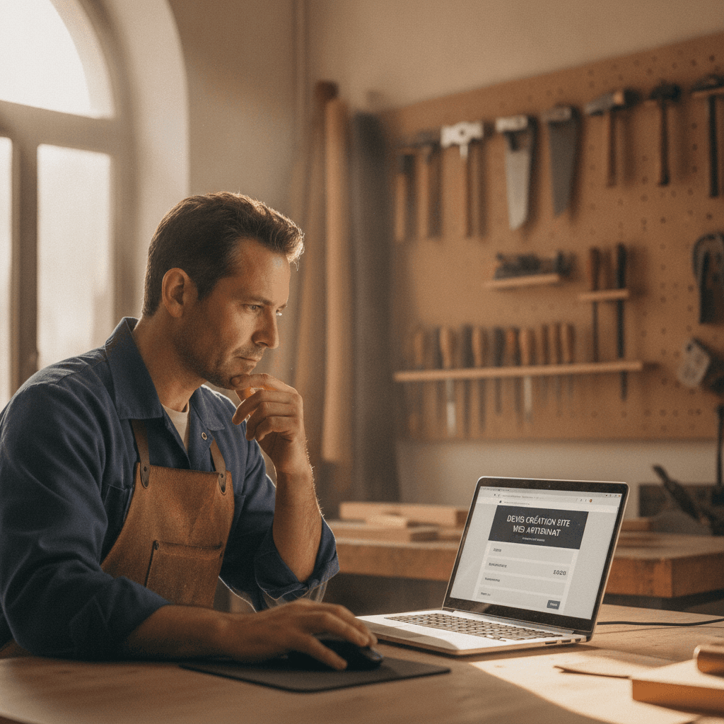 Artisan toulousain consultant un devis site internet sur ordinateur portable, bureau atelier