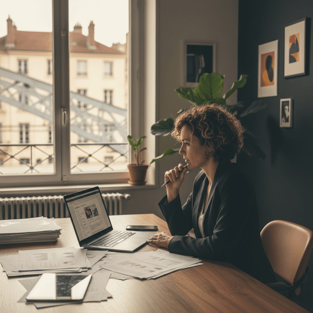 Entrepreneur lyonnais analysant un devis de création de site web dans un bureau moderne