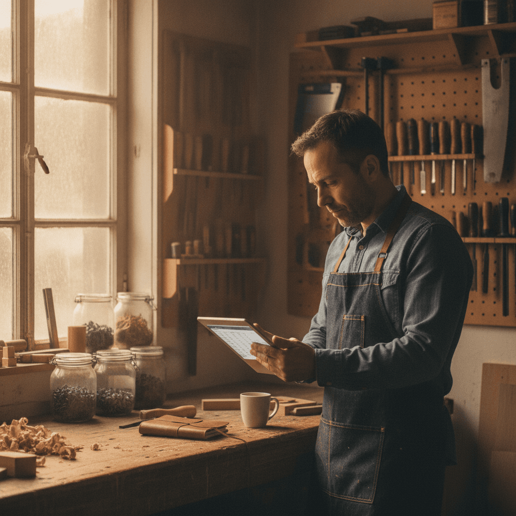 Artisan plombier toulousain consultant les tarifs de création de site internet sur une tablette