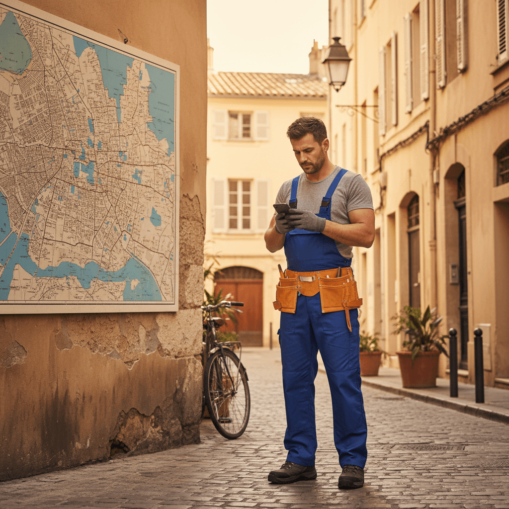 Artisan plombier marseillais consultant son téléphone avec une carte de Marseille en arrière-plan