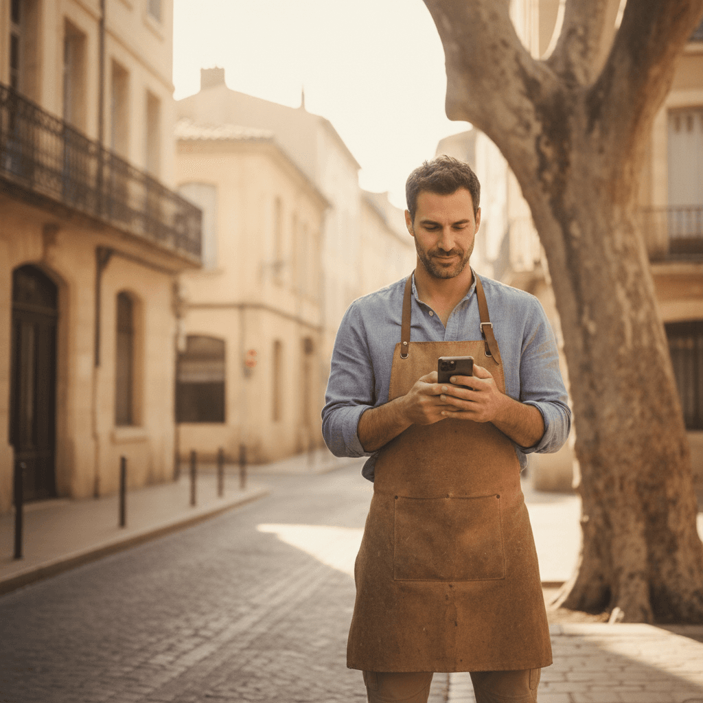 Artisan montpelliérain consultant son smartphone pour gérer sa présence en ligne et son référencement local