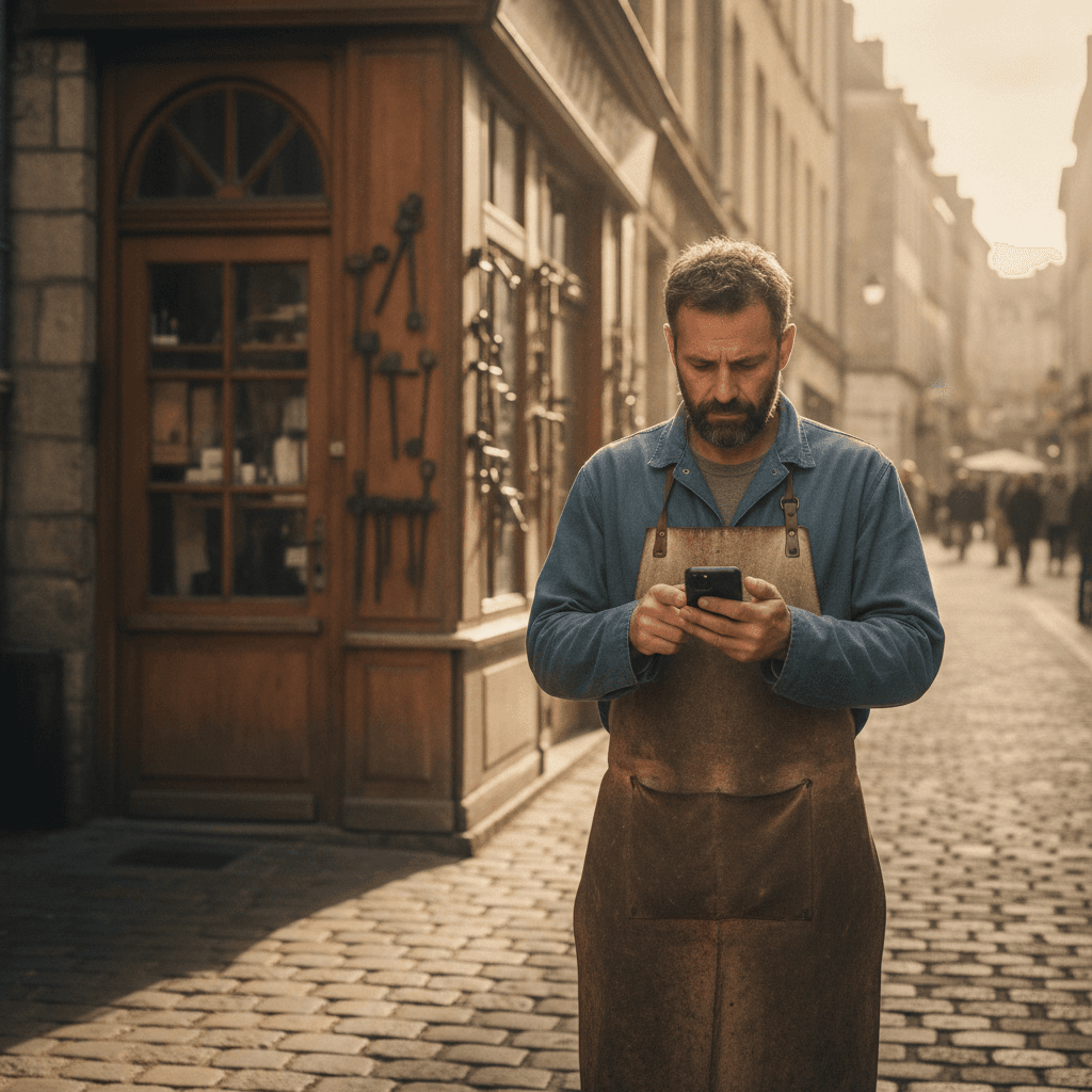 Artisan nantais consultant son téléphone devant sa boutique pour vérifier son référencement local sur Google