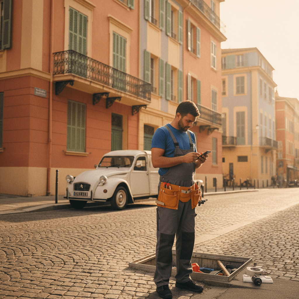 Artisan plombier à Nice consultant son téléphone devant une façade niçoise ensoleillée