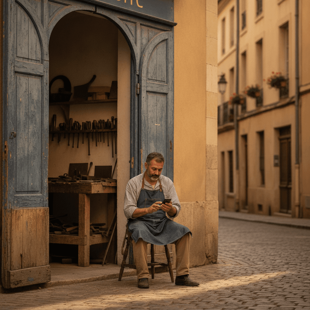 Artisan toulousain consultant son téléphone devant sa boutique pour améliorer son référencement local