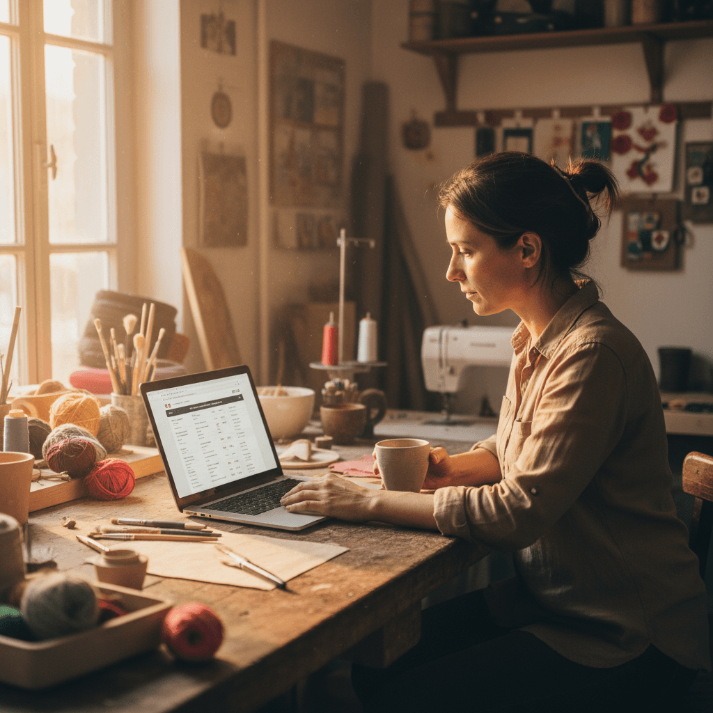 Artisan lyonnais consultant les tarifs d'un site internet sur son ordinateur portable dans son atelier