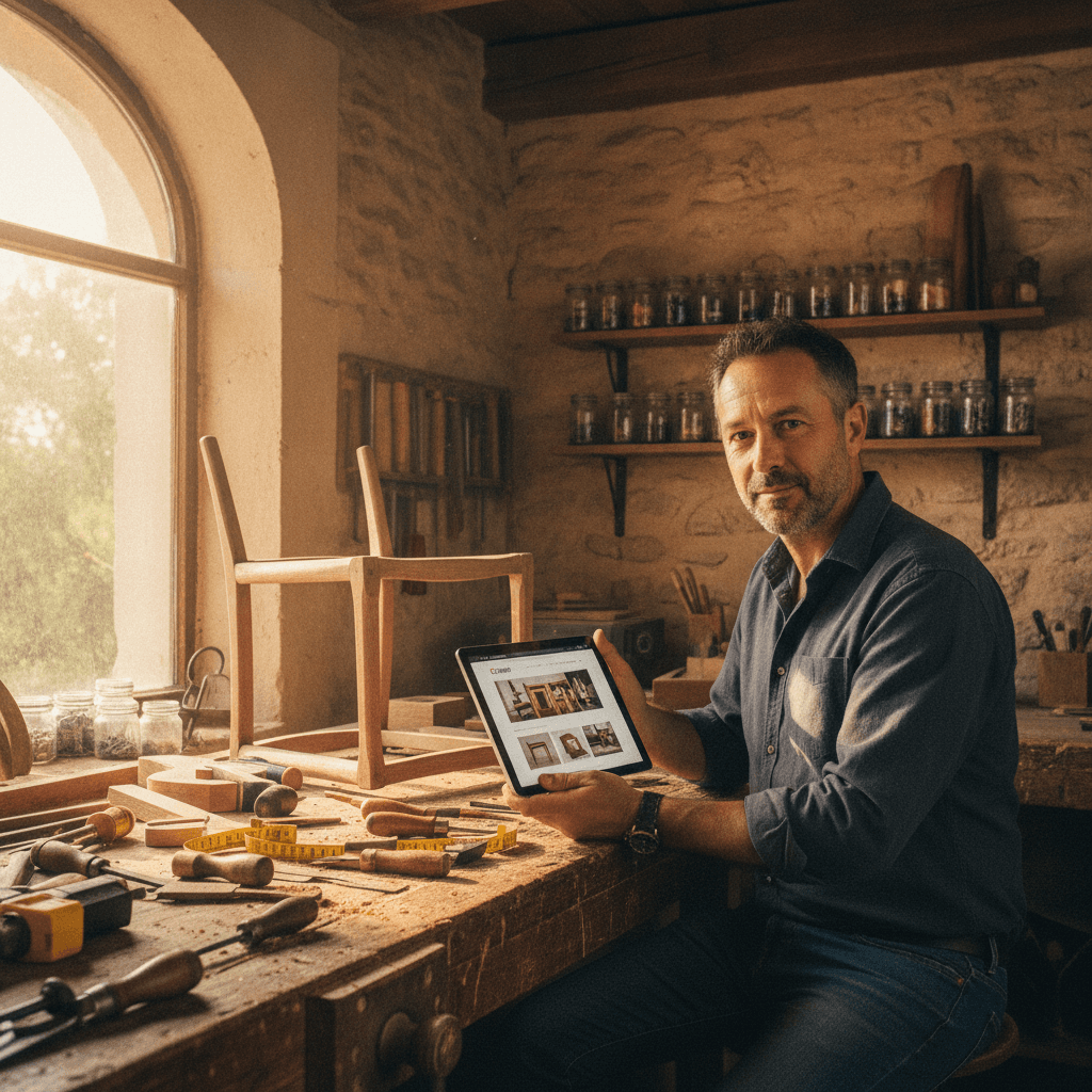 Artisan montpelliérain consultant son site internet professionnel sur une tablette dans son atelier