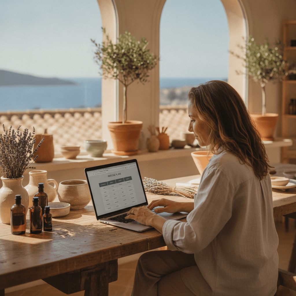 Artisan niçois consultant les prix d'un site internet sur son ordinateur portable, vue sur la Côte d'Azur