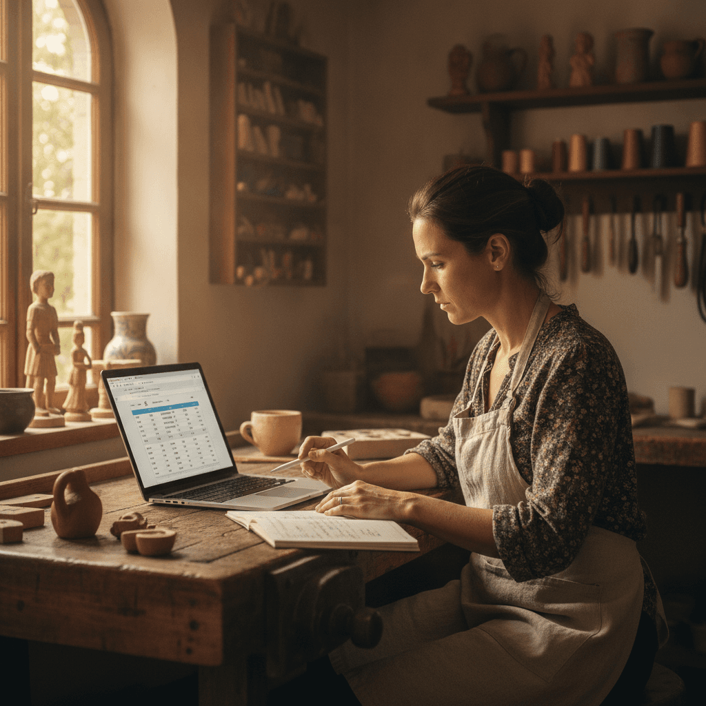 Artisan strasbourgeois consultant les tarifs d'un site internet sur son ordinateur portable