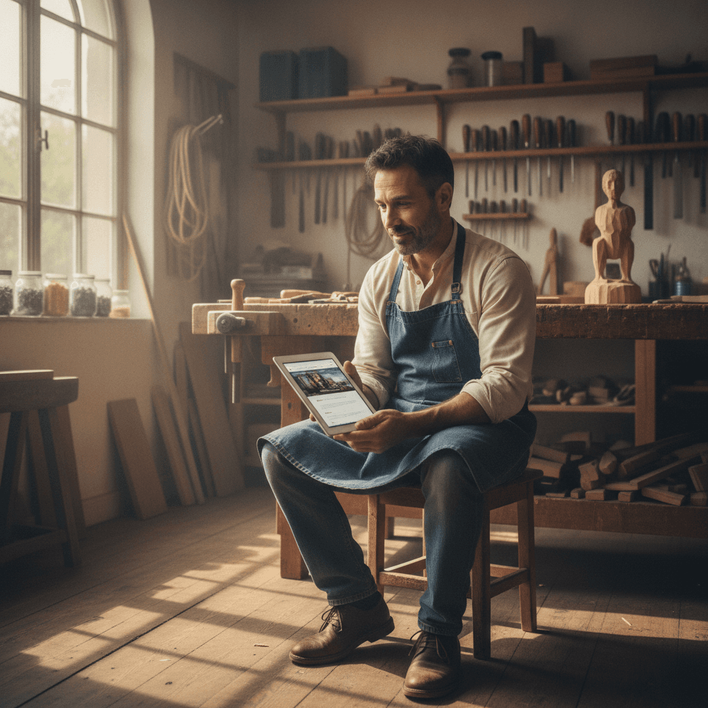 Artisan bordelais consultant son site vitrine sur tablette devant son atelier à Bordeaux