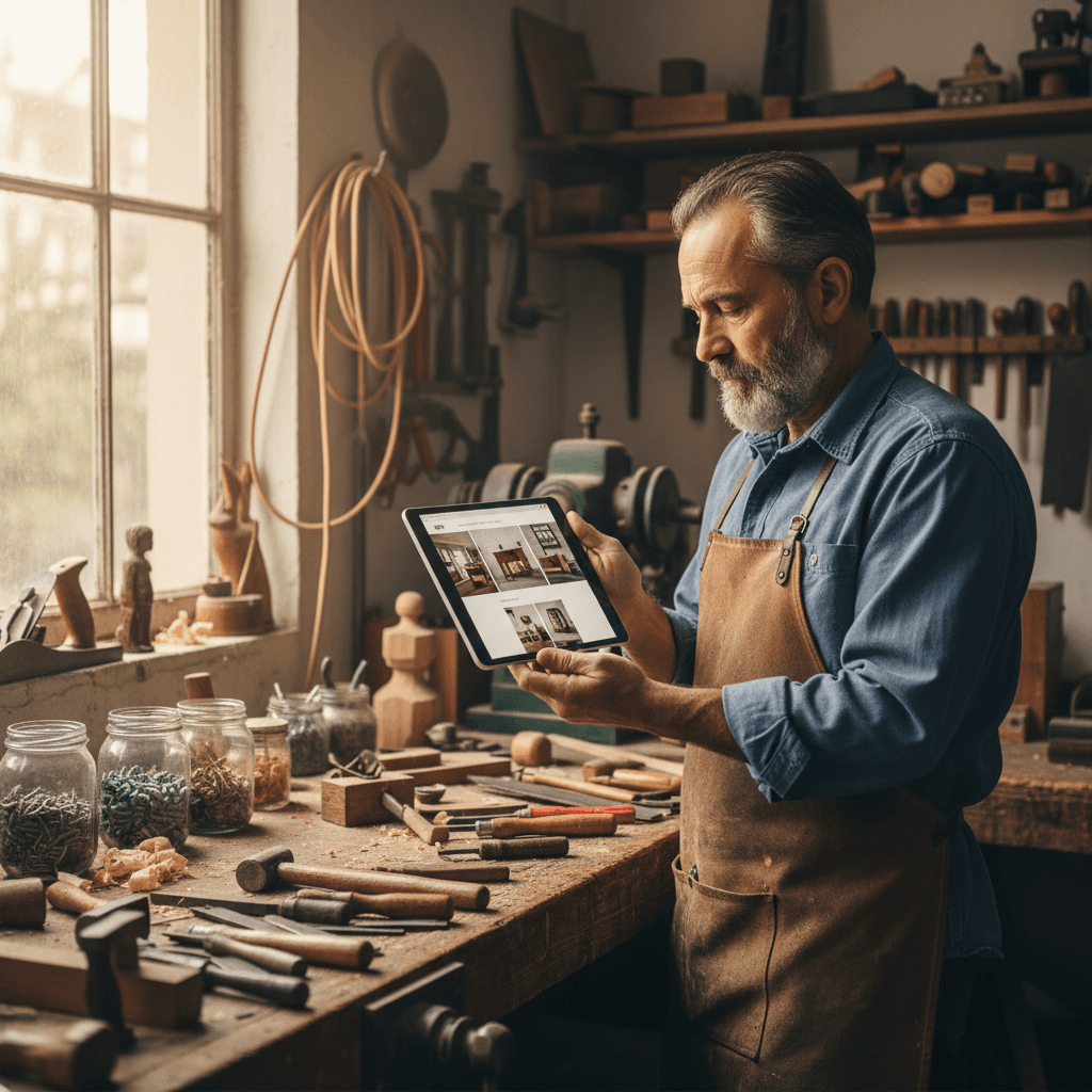 Artisan lyonnais dans son atelier consultant son site internet sur une tablette, lumière naturelle