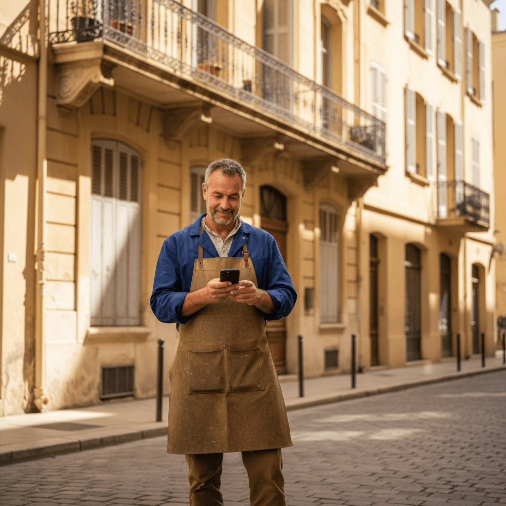 Artisan marseillais sur un chantier consultant son site internet professionnel sur smartphone