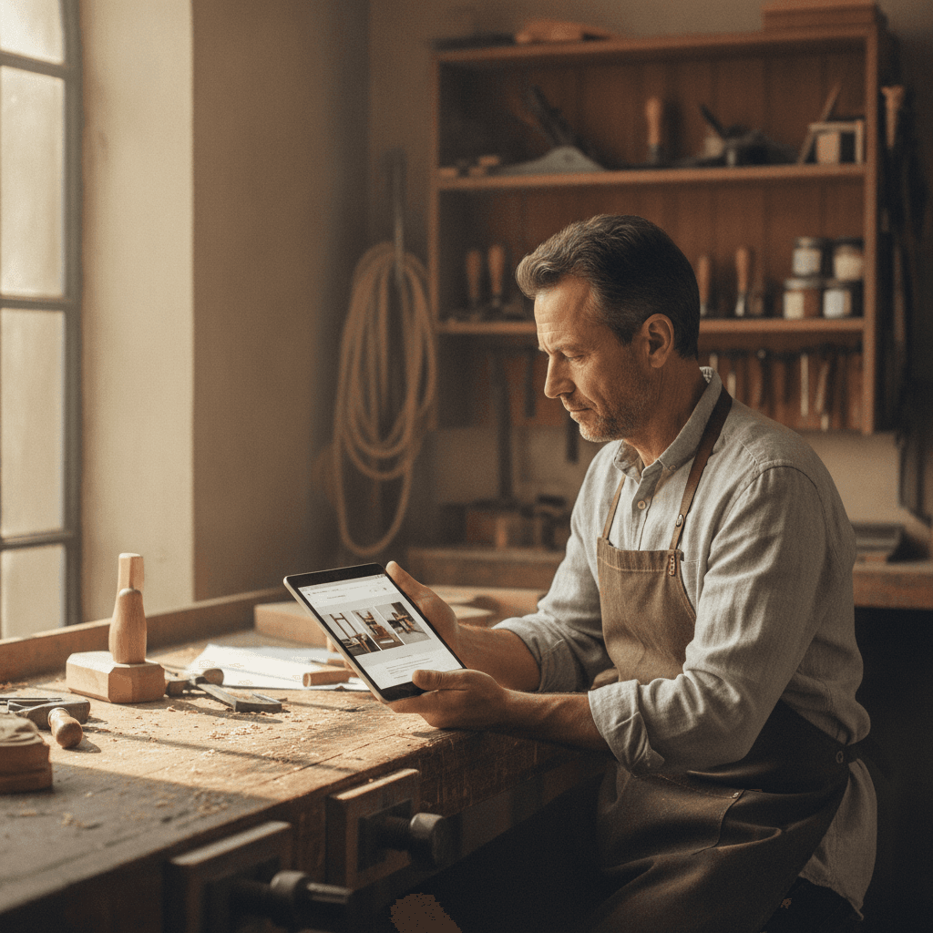 Artisan montpelliérain consultant son site internet professionnel sur une tablette dans son atelier
