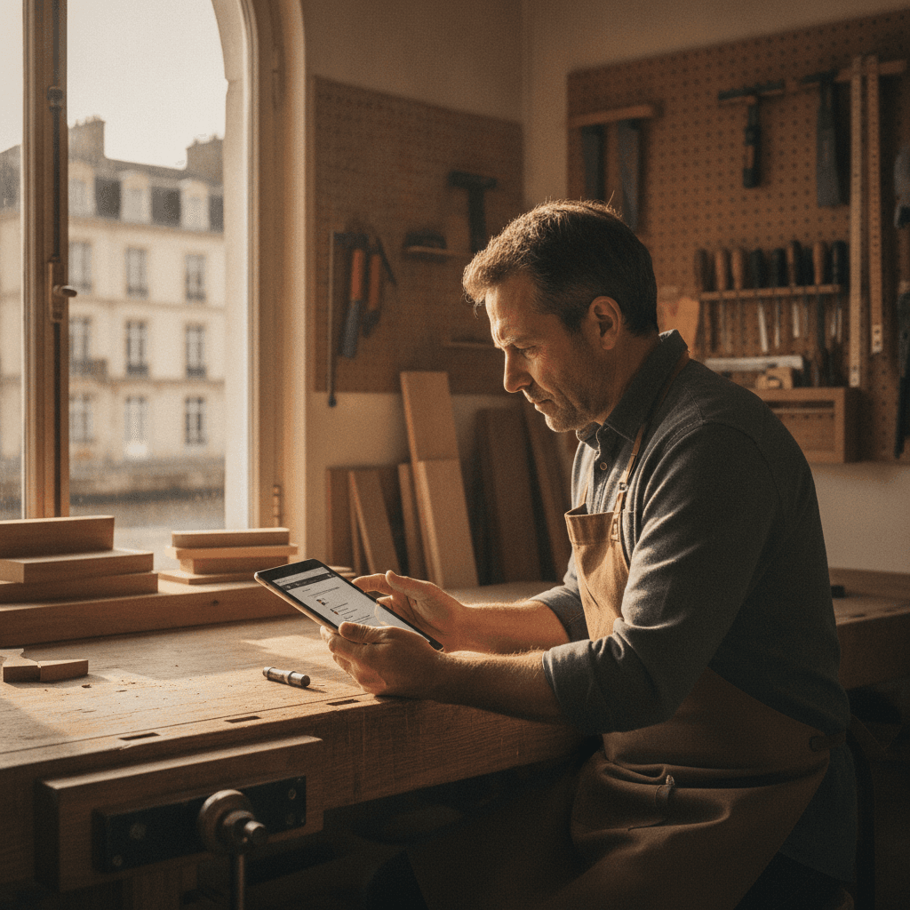 Artisan nantais consultant son site internet vitrine sur une tablette dans son atelier