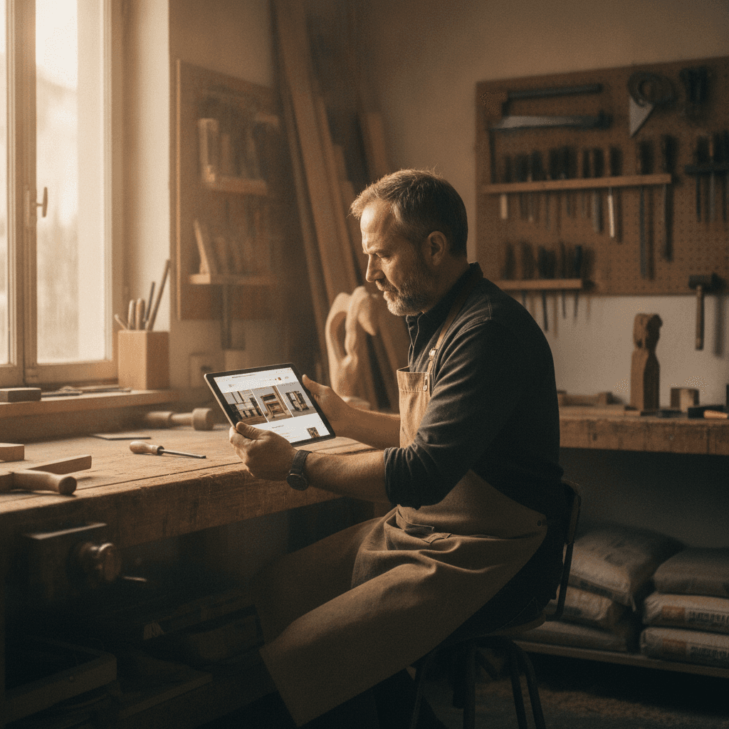 Artisan menuisier à Nice consultant son site internet sur une tablette dans son atelier