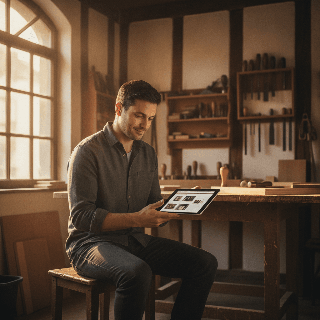 Artisan alsacien consultant son site internet sur une tablette dans son atelier à Strasbourg