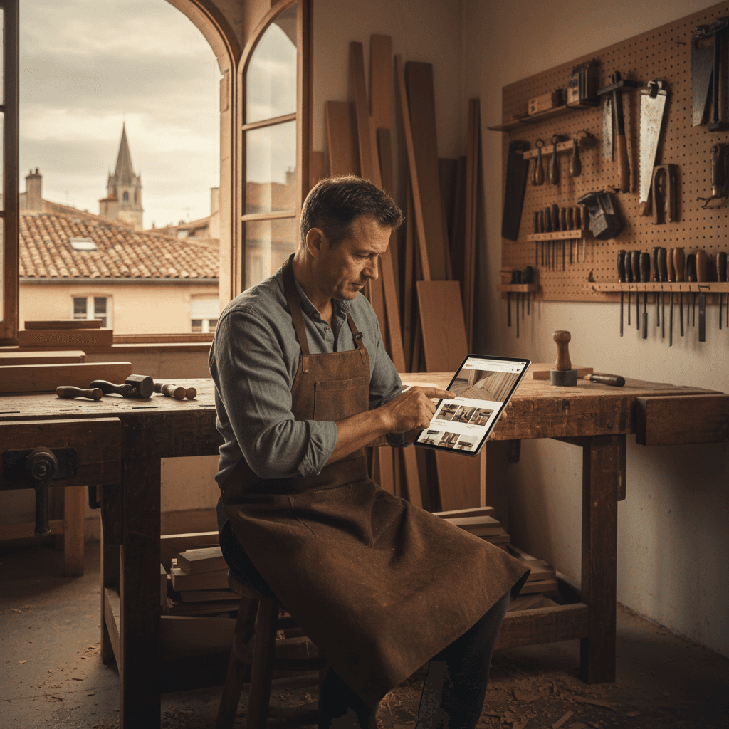 Artisan toulousain consultant son site internet vitrine sur une tablette dans son atelier