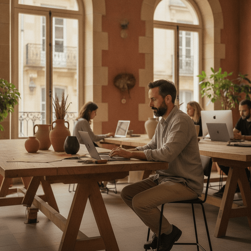 Auto-entrepreneur à Bordeaux travaillant sur son site internet depuis un espace de coworking girondins