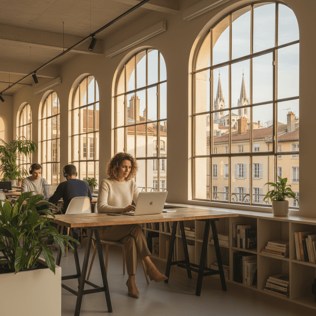 Auto-entrepreneur lyonnais travaillant sur son site internet dans un espace de coworking à Lyon