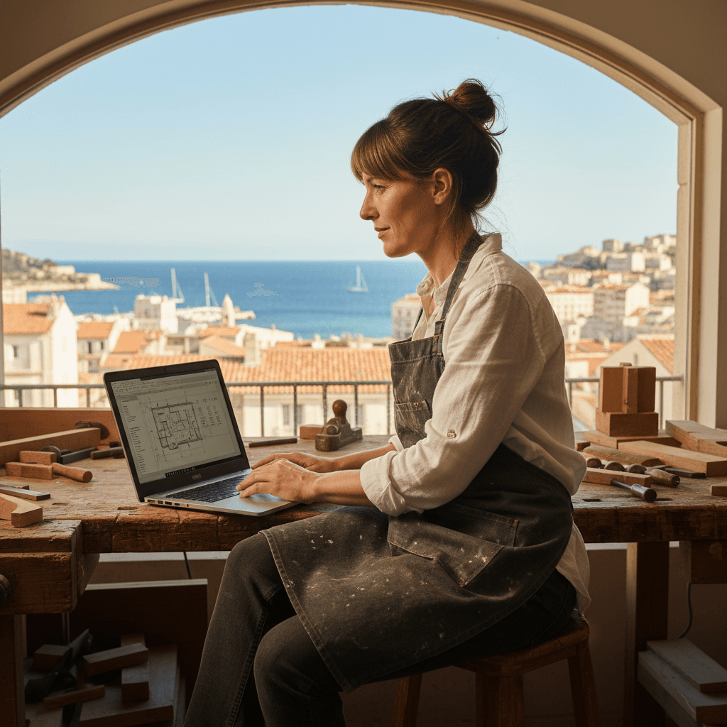 Auto-entrepreneur marseillais consultant son site vitrine sur un ordinateur portable dans son atelier