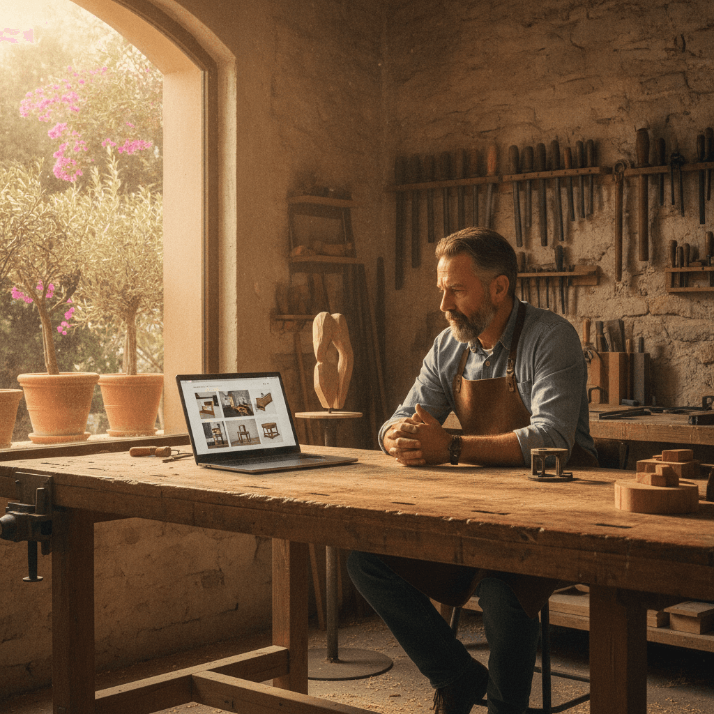 Auto-entrepreneur à Montpellier travaillant sur son site internet vitrine depuis un atelier