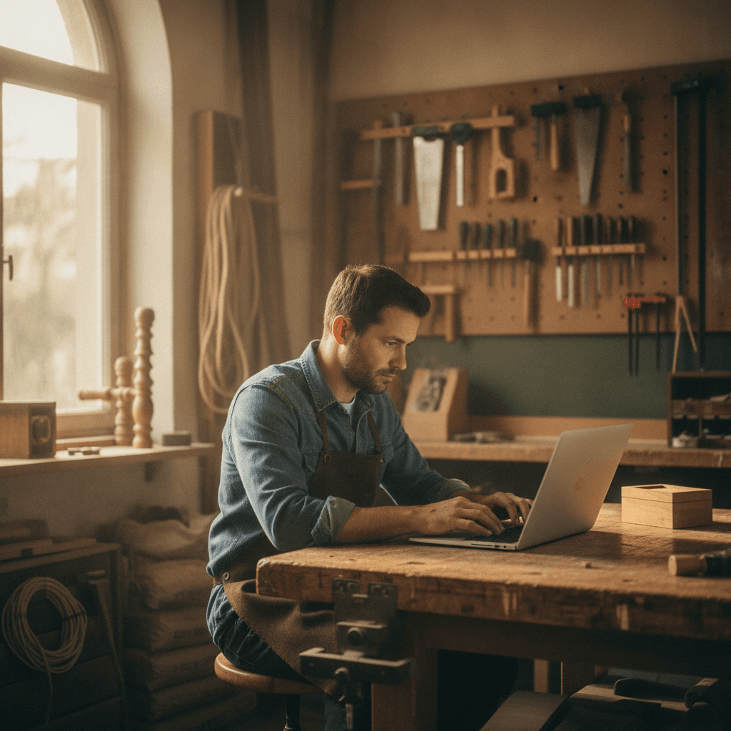 Auto-entrepreneur nantais consultant son site internet vitrine sur un ordinateur portable, bureau artisanal