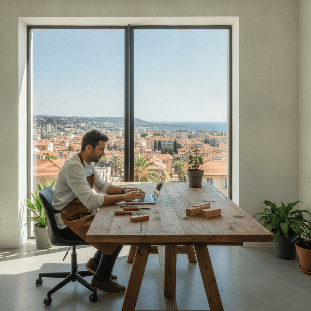 Auto-entrepreneur à Nice travaillant sur son site internet professionnel depuis un espace de travail avec vue sur la ville