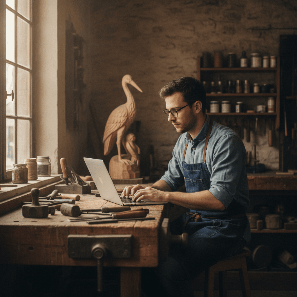 Auto-entrepreneur strasbourgeois travaillant sur son site internet vitrine depuis un atelier en Alsace