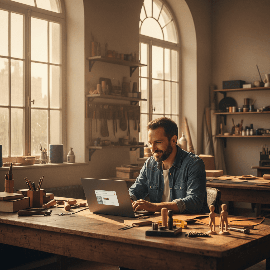 Auto-entrepreneur toulousain travaillant sur la création de son site internet vitrine depuis son atelier